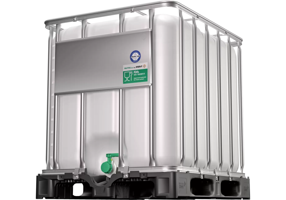 Zbiornik IBC (FDA) 800 l do przemysłu spożywczego – uszczelnienie Viton, paleta PE