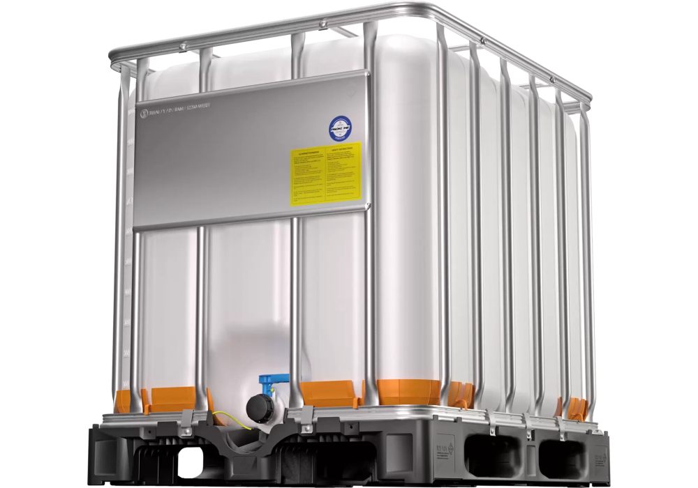 Zbiornik IBC 1000 l ADR do stref Ex – do substancji niebezpiecznych, uszczelnienie Viton, paleta PE