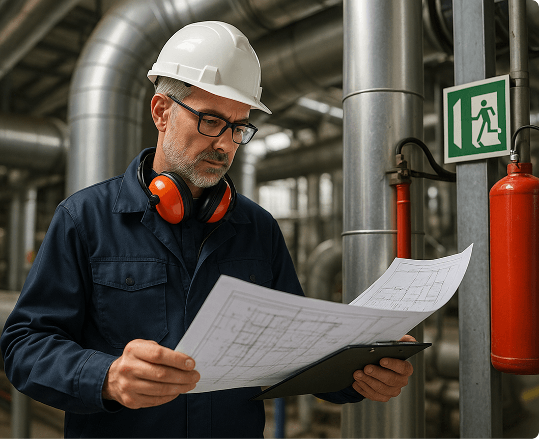 Zdjęcie pracownika czytającego schemat